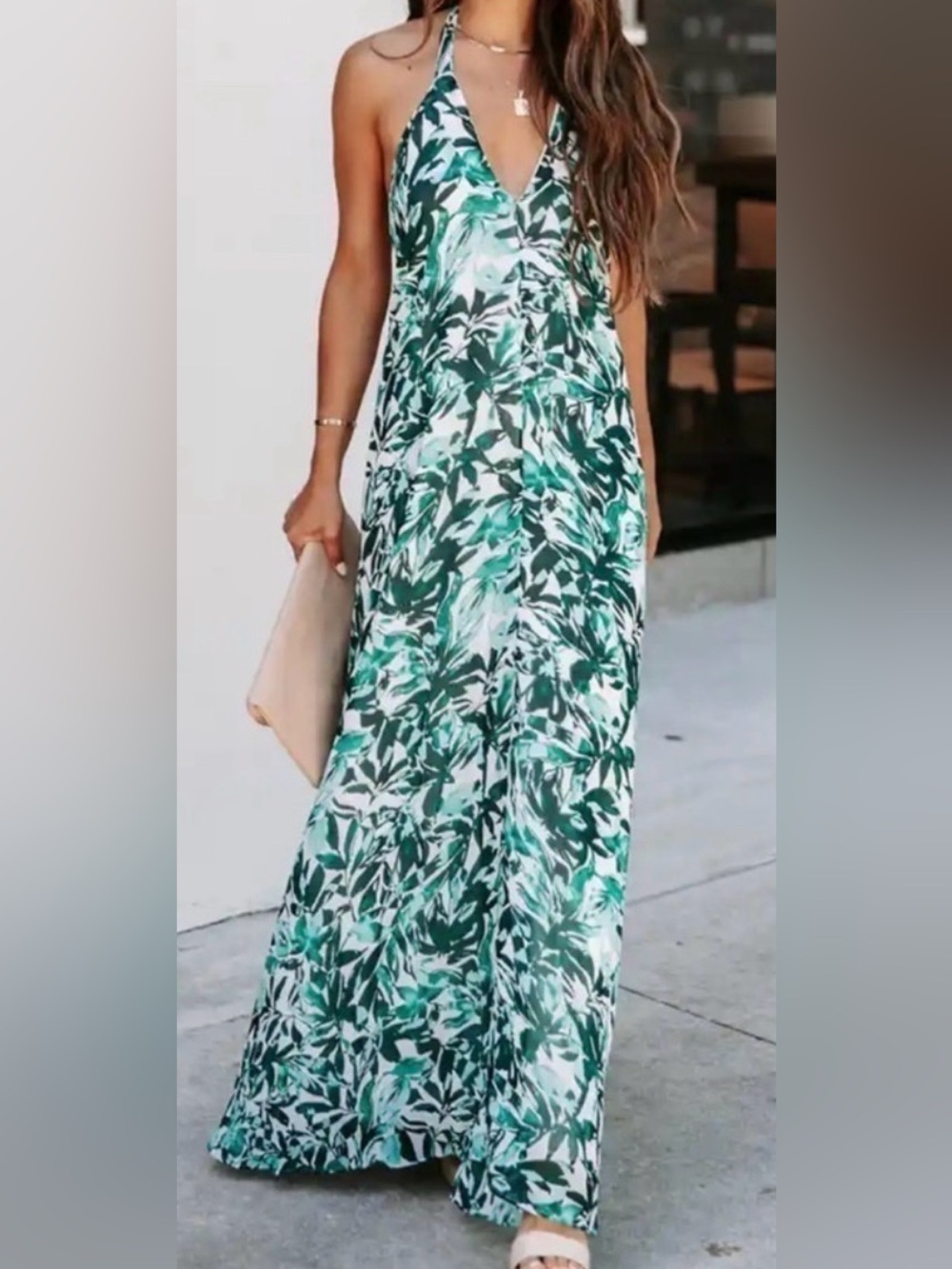 Vici Green Palm-Print Backless Halter Maxi Dress